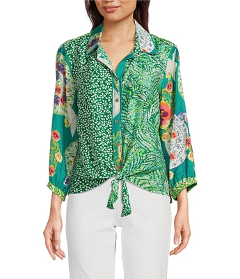 John Mark Woven Floral Leaf Print Point Collar 3/4 Sleeve Tie-Front Shirt