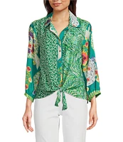 John Mark Woven Floral Leaf Print Point Collar 3/4 Sleeve Tie-Front Shirt