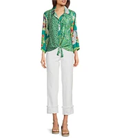 John Mark Woven Floral Leaf Print Point Collar 3/4 Sleeve Tie-Front Shirt