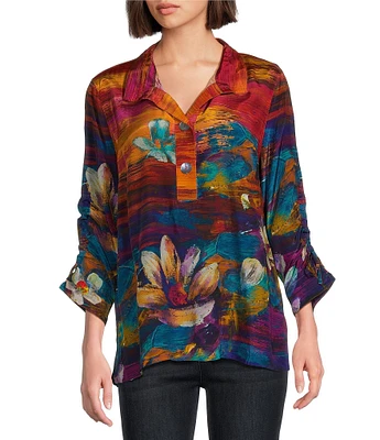 John Mark Woven Floral Painting Print Wire Collar 3/4 Cinch Sleeve Tunic