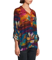 John Mark Woven Floral Painting Print Wire Collar 3/4 Cinch Sleeve Tunic