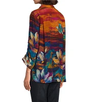 John Mark Woven Floral Painting Print Wire Collar 3/4 Cinch Sleeve Tunic