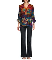 John Mark Woven Floral Painting Print Wire Collar 3/4 Cinch Sleeve Tunic