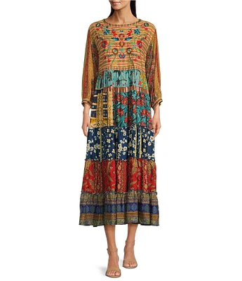 John Mark Woven Mix Print Embroidered Scoop Neck 3/4 Sleeve Dress