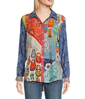 John Mark Woven Mixed Bandana Print Point Collar Neck Long Sleeve Button Front Top