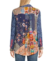 John Mark Woven Mixed Bandana Print Point Collar Neck Long Sleeve Button Front Top