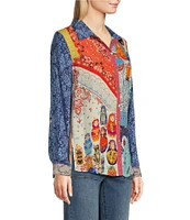 John Mark Woven Mixed Bandana Print Point Collar Neck Long Sleeve Button Front Top