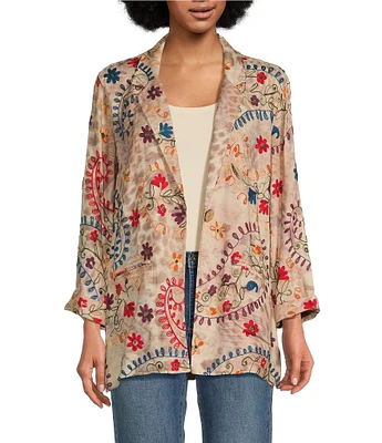 John Mark Woven Mixed Print Embroidered Open Lapel Neck Long Sleeve Single Button Jacket