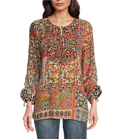 John Mark Woven Mixed Abstract Print Embroidered Split V Neck 3/4 Sleeve Tassel Tie Pullover Tunic