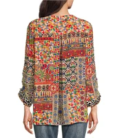 John Mark Woven Mixed Abstract Print Embroidered Split V Neck 3/4 Sleeve Tassel Tie Pullover Tunic