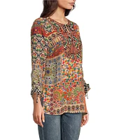 John Mark Woven Mixed Abstract Print Embroidered Split V Neck 3/4 Sleeve Tassel Tie Pullover Tunic