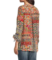 John Mark Woven Mixed Abstract Print Embroidered Split V Neck 3/4 Sleeve Tassel Tie Pullover Tunic