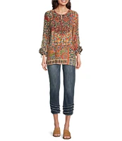 John Mark Woven Mixed Abstract Print Embroidered Split V Neck 3/4 Sleeve Tassel Tie Pullover Tunic