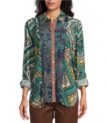 John Mark Woven Mixed Scarf Print Point Collar Neck Long Sleeve Button Front Blouse