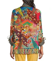 John Mark Woven Abstract Multi Patch Print Point Wire Collar Neck 3/4 Sleeve Button Front Blouse