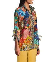 John Mark Woven Abstract Multi Patch Print Point Wire Collar Neck 3/4 Sleeve Button Front Blouse