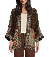 John Mark Woven Multi Print Embroidered Open Front Neck 3/4 Sleeve Kimono Jacket