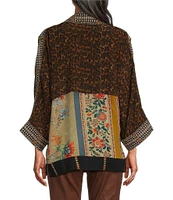 John Mark Woven Multi Print Embroidered Open Front Neck 3/4 Sleeve Kimono Jacket