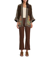 John Mark Woven Multi Print Embroidered Open Front Neck 3/4 Sleeve Kimono Jacket