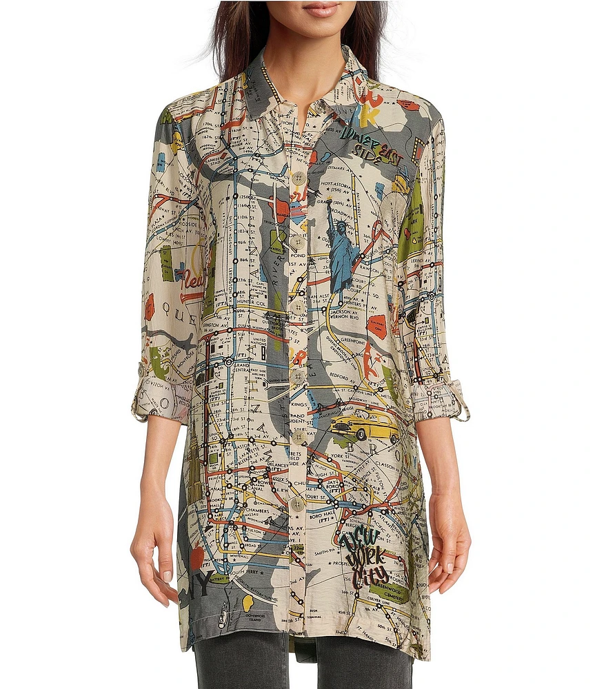 John Mark Woven Novelty Map Print Point Collar Neck 3/4 Sleeve Button Front Long Tunic