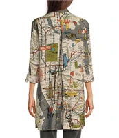 John Mark Woven Novelty Map Print Point Collar Neck 3/4 Sleeve Button Front Long Tunic