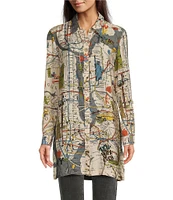 John Mark Woven Novelty Map Print Point Collar Neck 3/4 Sleeve Button Front Long Tunic