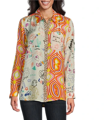 John Mark Woven Novelty Mix Print Point Collar Long Roll-Tab Sleeve Button-Front Tunic