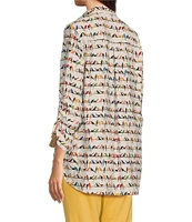 John Mark Woven Novelty Print Point Collar Neck 3/4 Sleeve Tassel Tie Button Front Blouse