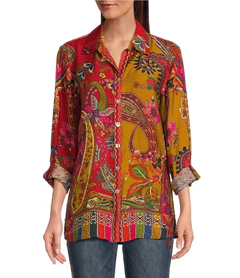 John Mark Woven Paisley Multi Print Point Collar Long Roll-Tab Sleeve Top