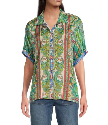 John Mark Woven Paisley Print Point Collar Neck Short Sleeve Button Front Blouse