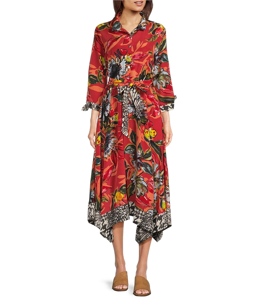 John Mark Woven Print Point Collar Neck 3/4 Sleeve Tie Belt Button Front Midi Dress