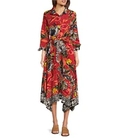 John Mark Woven Print Point Collar Neck 3/4 Sleeve Tie Belt Button Front Midi Dress