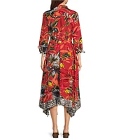 John Mark Woven Print Point Collar Neck 3/4 Sleeve Tie Belt Button Front Midi Dress