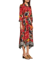 John Mark Woven Print Point Collar Neck 3/4 Sleeve Tie Belt Button Front Midi Dress