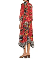 John Mark Woven Print Point Collar Neck 3/4 Sleeve Tie Belt Button Front Midi Dress