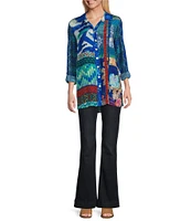 John Mark Woven Printed Point Collar Long Roll-Tab Sleeve Button-Front Tunic