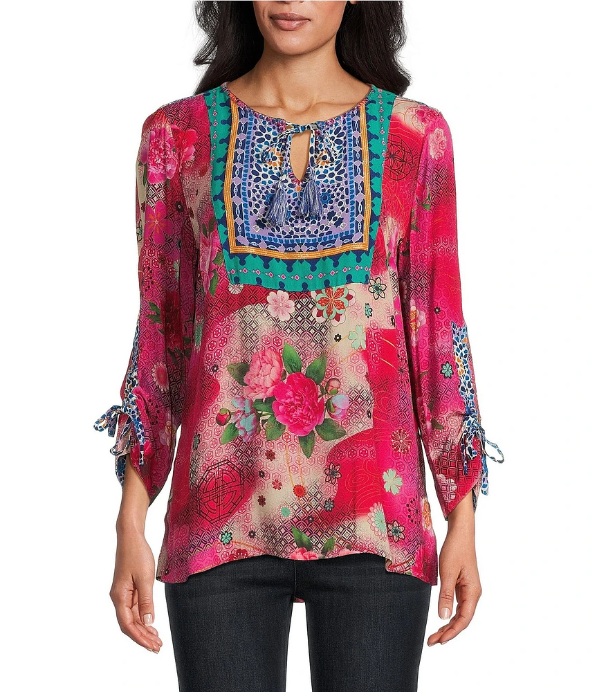 John Mark Woven Printed Split Round Neck 3/4 Sleeve Tassel Tie Tunic