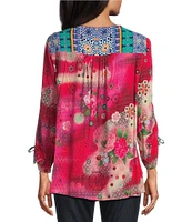 John Mark Woven Printed Split Round Neck 3/4 Sleeve Tassel Tie Tunic