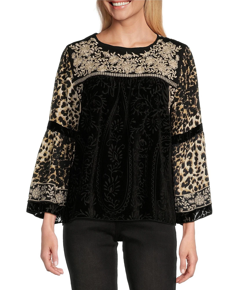 John Mark Woven Velvet Embroidered Round Neck 3/4 Sleeve Top