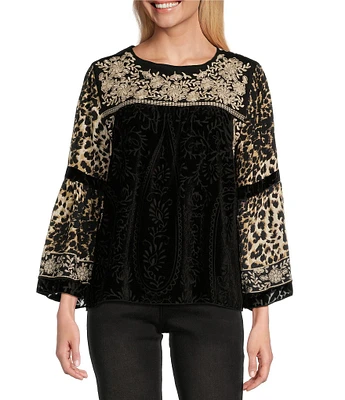 John Mark Woven Velvet Embroidered Round Neck 3/4 Sleeve Top