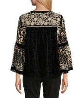 John Mark Woven Velvet Embroidered Round Neck 3/4 Sleeve Top