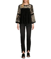 John Mark Woven Velvet Embroidered Round Neck 3/4 Sleeve Top