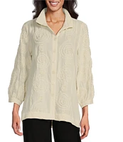 John Mark Woven Wire Collar 3/4 Sleeve Embroidery Pop Up Floral Detail Button Front Blouse