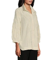 John Mark Woven Wire Collar 3/4 Sleeve Embroidery Pop Up Floral Detail Button Front Blouse