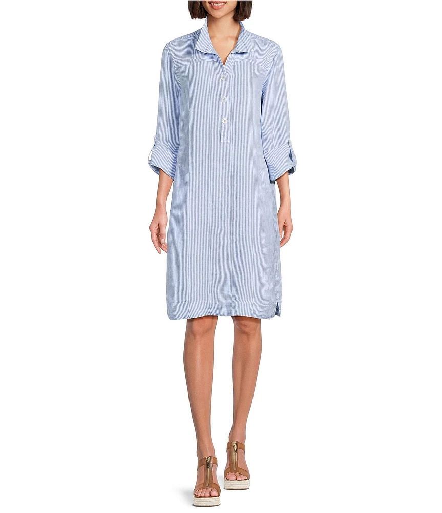John Mark Yarn-Dye Stripe Linen Wire Collar 3/4 Roll-Tab Sleeve Shirt Dress