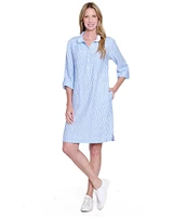 John Mark Yarn-Dye Stripe Linen Wire Collar 3/4 Roll-Tab Sleeve Shirt Dress