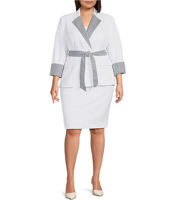 John Meyer Plus Size Crepe Houndstooth Notch Lapel Rolled Sleeve Button Tie Front Blazer 2-Piece Skirt Suit