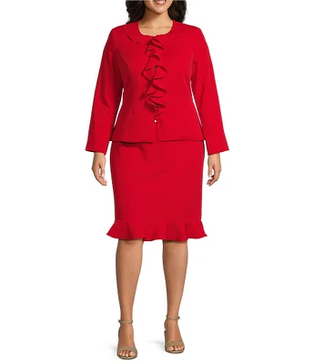 John Meyer Plus Size Ruffle Round Neck Long Sleeve Zip Jacket 2-Piece Skirt Suit