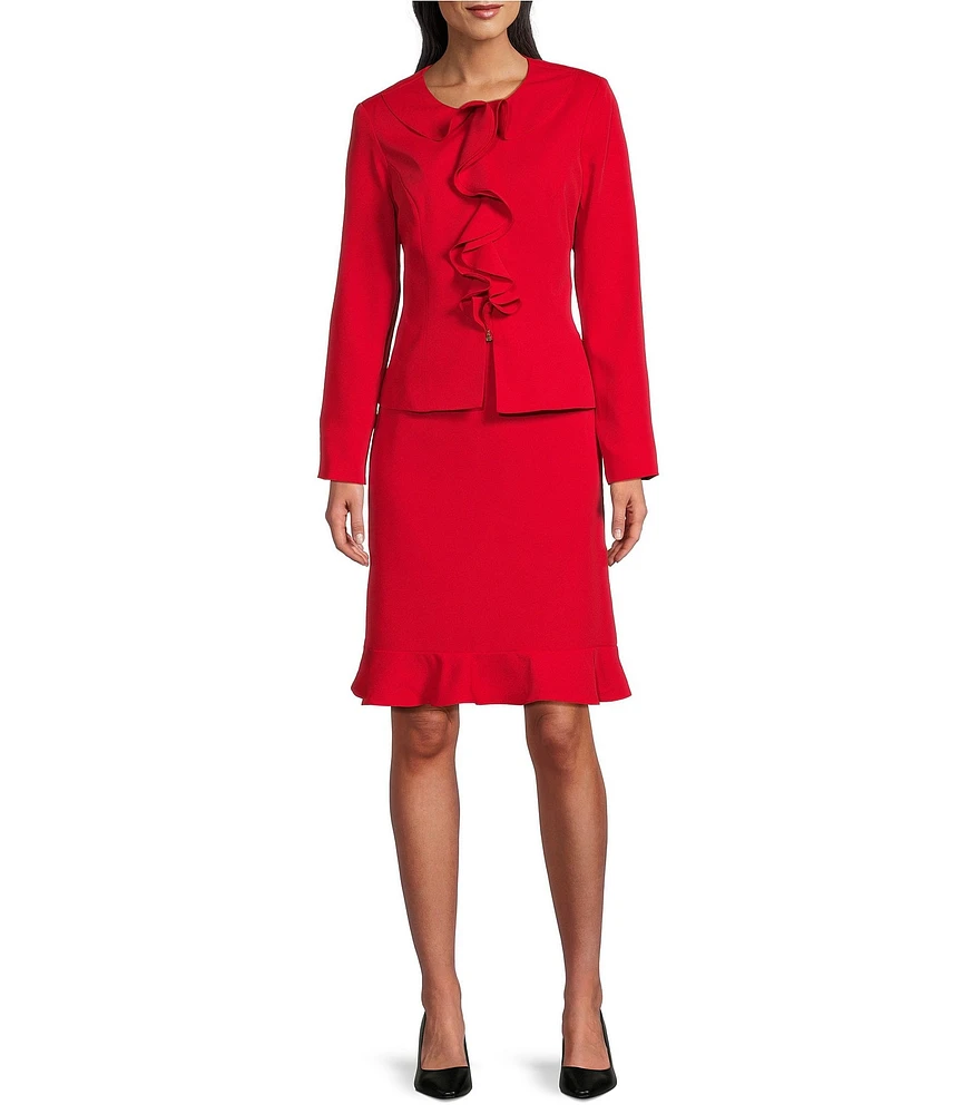 John Meyer Ruffle Round Neck Long Sleeve Zip Jacket 2-Piece Skirt Suit