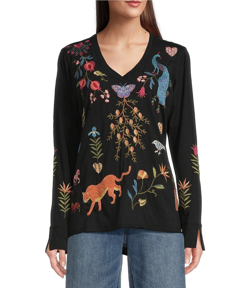 JOHNNY WAS Adela Embroidered V-Neck Long Sleeve Tee